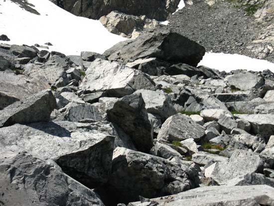 Shattered rock and steep snow below NW side of Banner Peak.
